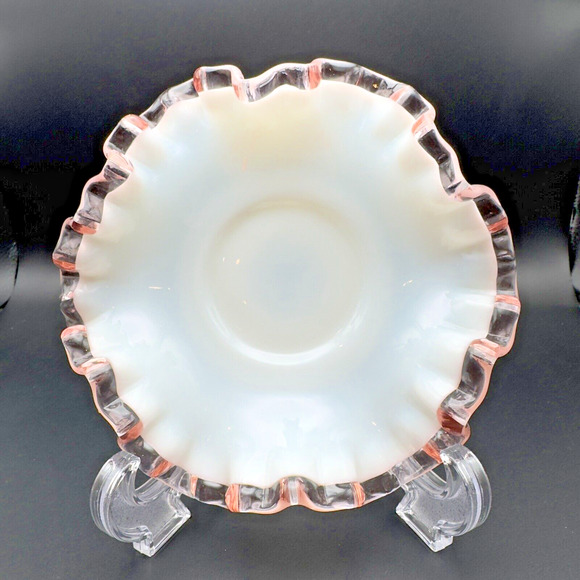Vintage Fenton Rose Crest Milk Glass Bowl Dish Pink Ruffled Crimped Edges 6" - Picture 3 of 7